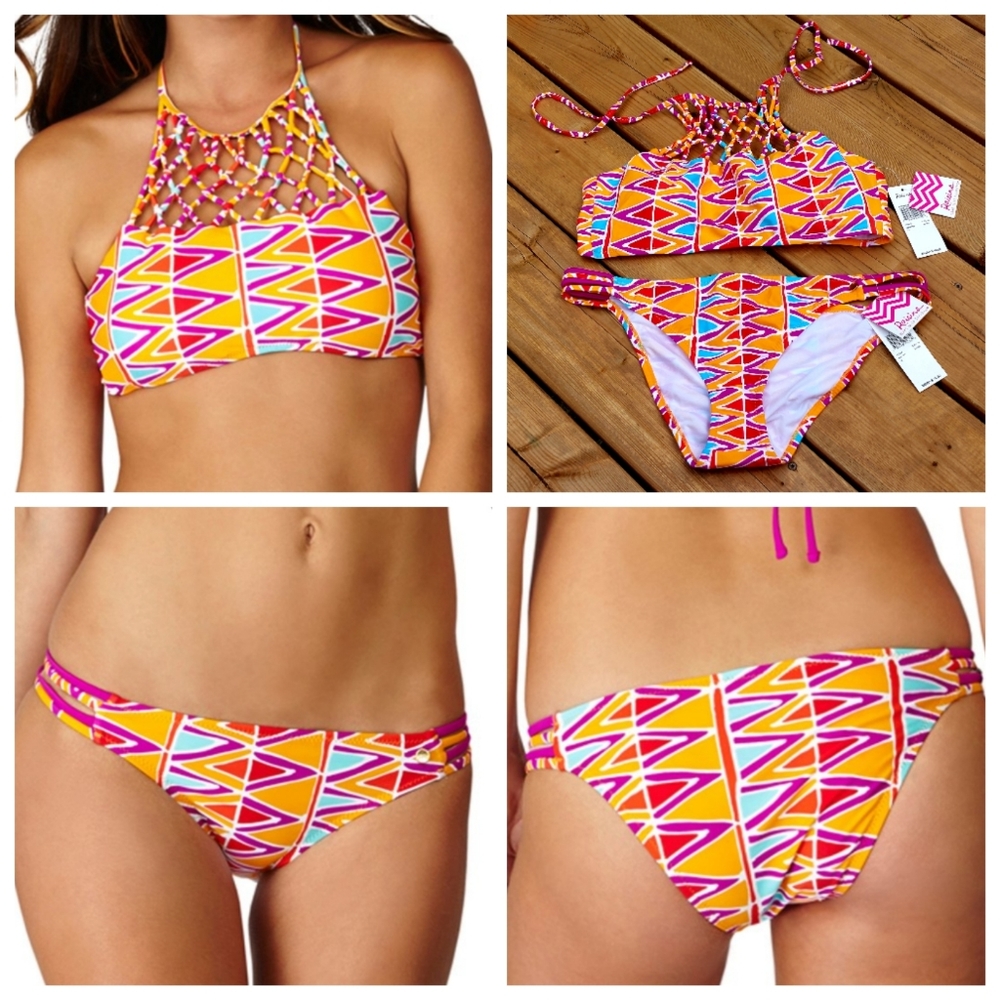 Raisins orange red & blue geometric strappy bikini, XL, NWT